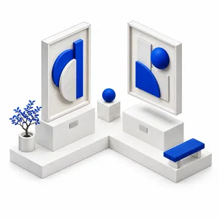 An isometric gallery with blue artworks