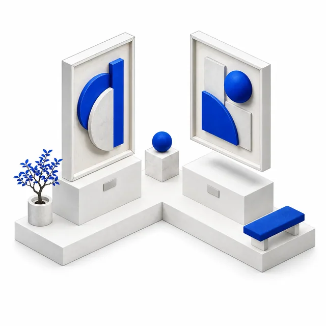 An isometric gallery with blue artworks