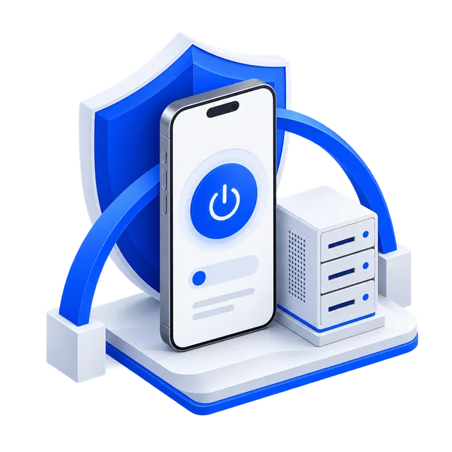 Mobile VPN client and server infrastructure framed by a blue protective shield