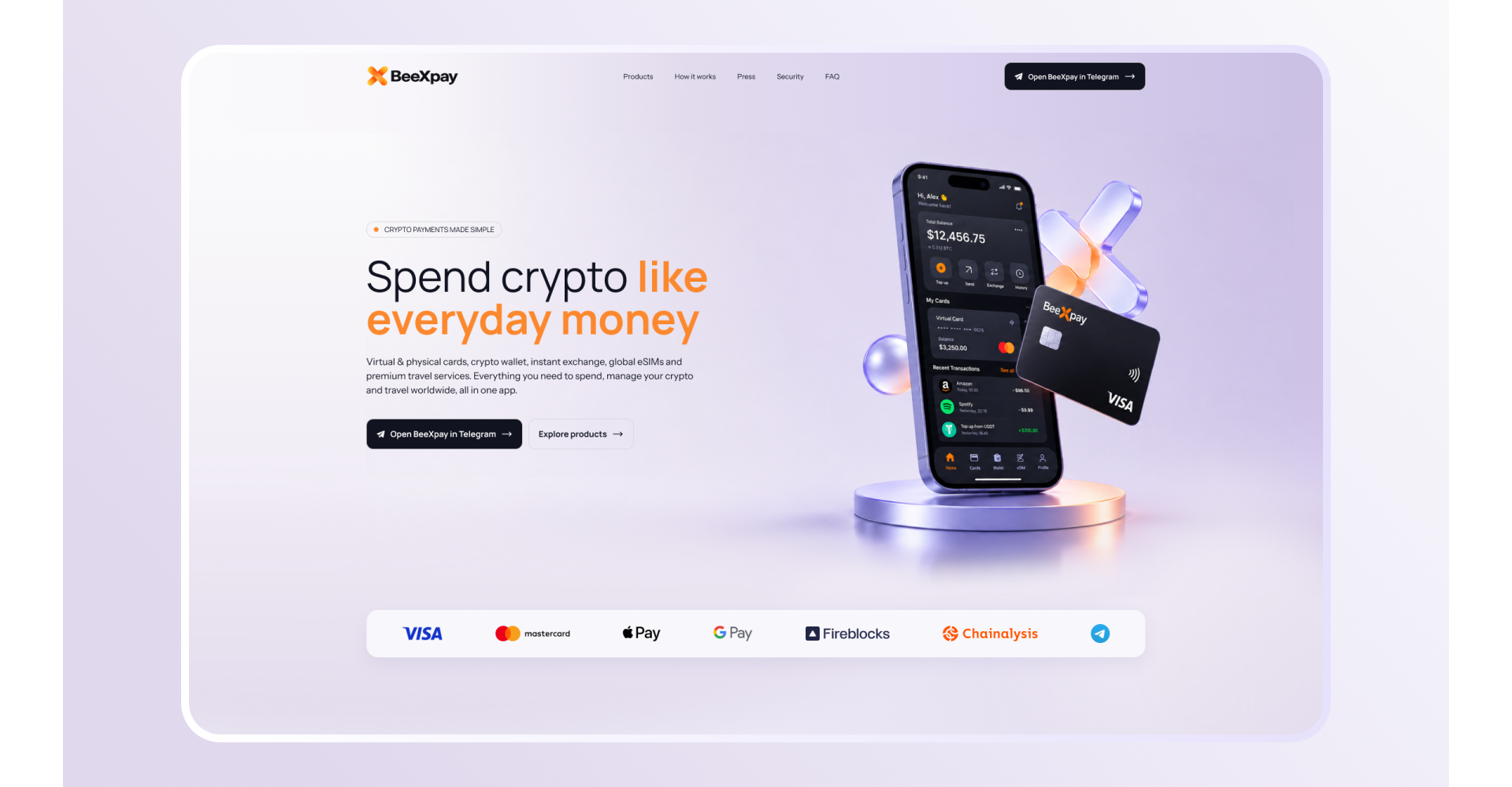 Криптобанкинг: карты, криптоактивы, платежи и eSIM — скриншот интерфейса (1)